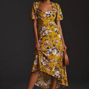 Maeve by Anthropologie Floral Puff-Sleeve Mustard Midi Dress 4